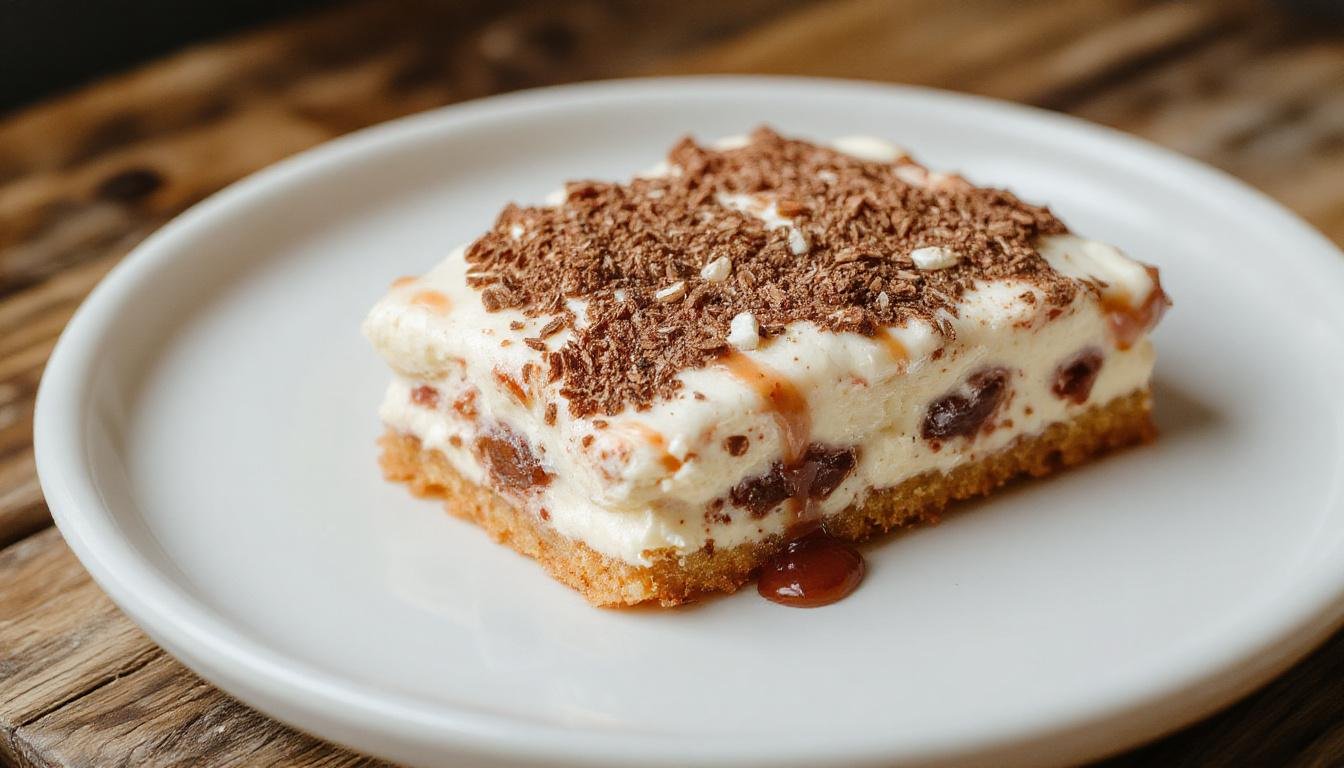 Ein elegantes Glas mit Raffaello-Tiramisu ohne Backen, schichtenweise mit weißen Kokosraspeln, cremiger Weiße Schicht und goldene Kakaonibs oben drauf, perfekt angerichtet und appetitlich präsentierten Dessert