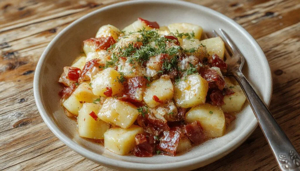 Ein eleganter Kartoffelsalat auf einem weißen Teller, garniert mit knusprigem Speck und frischen Kräutern, mit einer cremigen Senf-Dressing-Soße darüber