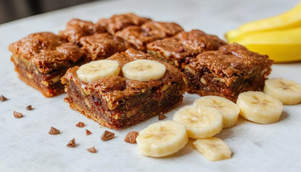 Die saftigen Bananen-Brownies sind in einem rechteckigen Brownie-Backblech angerichtet, goldbraun mit einer glänzenden Schokoladenschicht oben. Frische Bananenscheiben sind sichtbar auf der Oberfläche, einige leicht karamellisiert. Das Bild zeigt ein Stück Brownie, das auf einem weißen Teller liegt, daneben einige ganze Bananen zur Dekoration. Die Textur wirkt weich und saftig, mit einer zarten, porösen Oberfläche.
