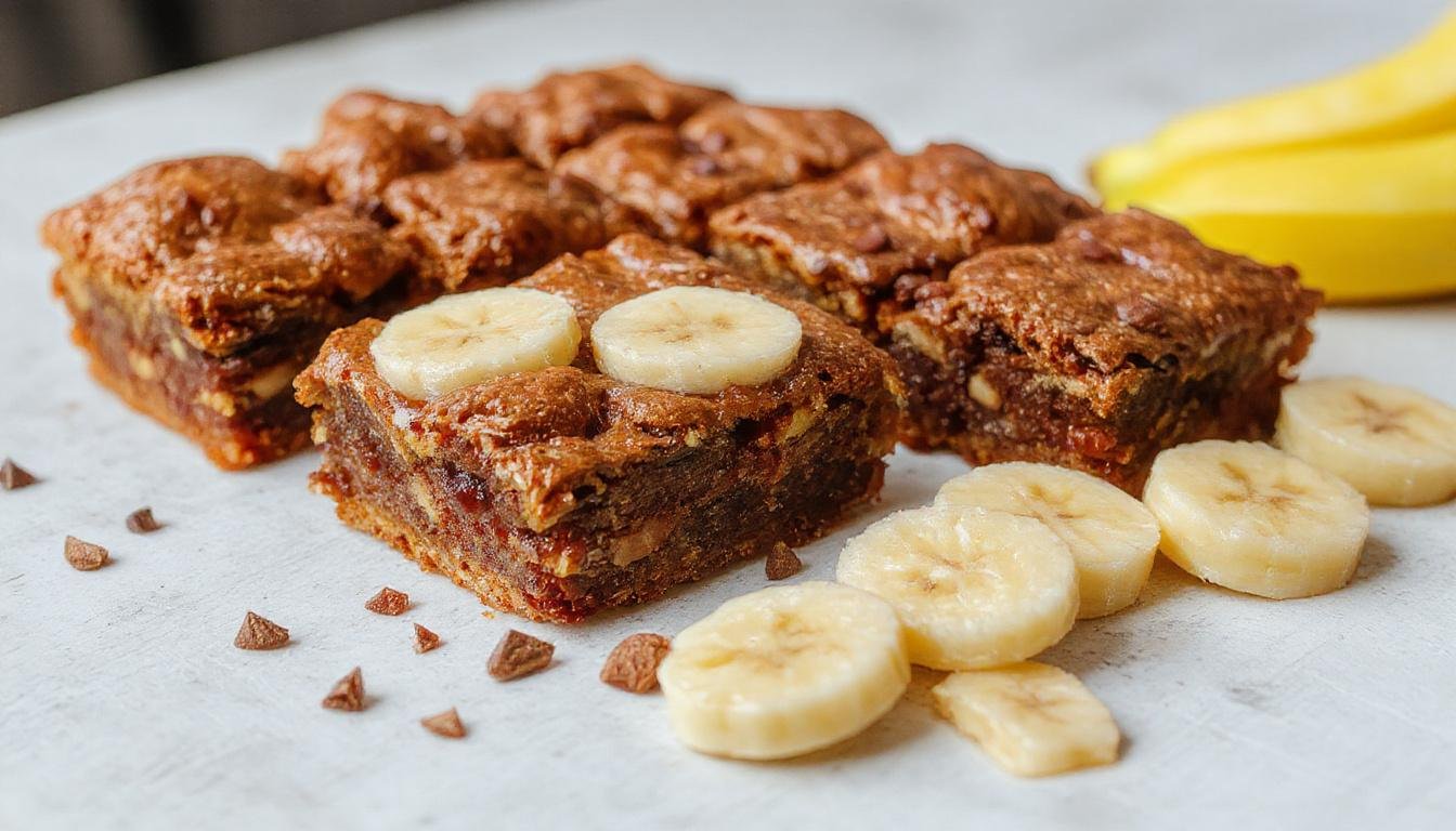 Die saftigen Bananen-Brownies sind in einem rechteckigen Brownie-Backblech angerichtet, goldbraun mit einer glĂ€nzenden Schokoladenschicht oben. Frische Bananenscheiben sind sichtbar auf der OberflĂ€che, einige leicht karamellisiert. Das Bild zeigt ein StĂŒck Brownie, das auf einem weiĂen Teller liegt, daneben einige ganze Bananen zur Dekoration. Die Textur wirkt weich und saftig, mit einer zarten, porösen OberflĂ€che.