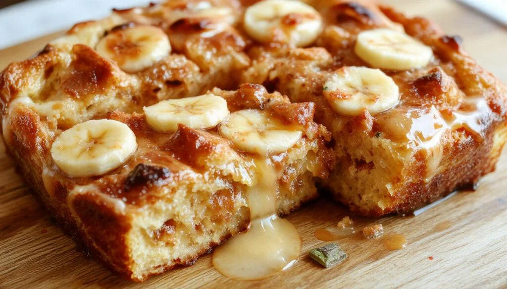 Ein Stück saftiger Bananen-Walnuss-Kuchen auf einem weißen Teller, garniert mit Walnüssen und Bananenscheiben, goldbraun gebacken und mit Puderzucker bestäubt.