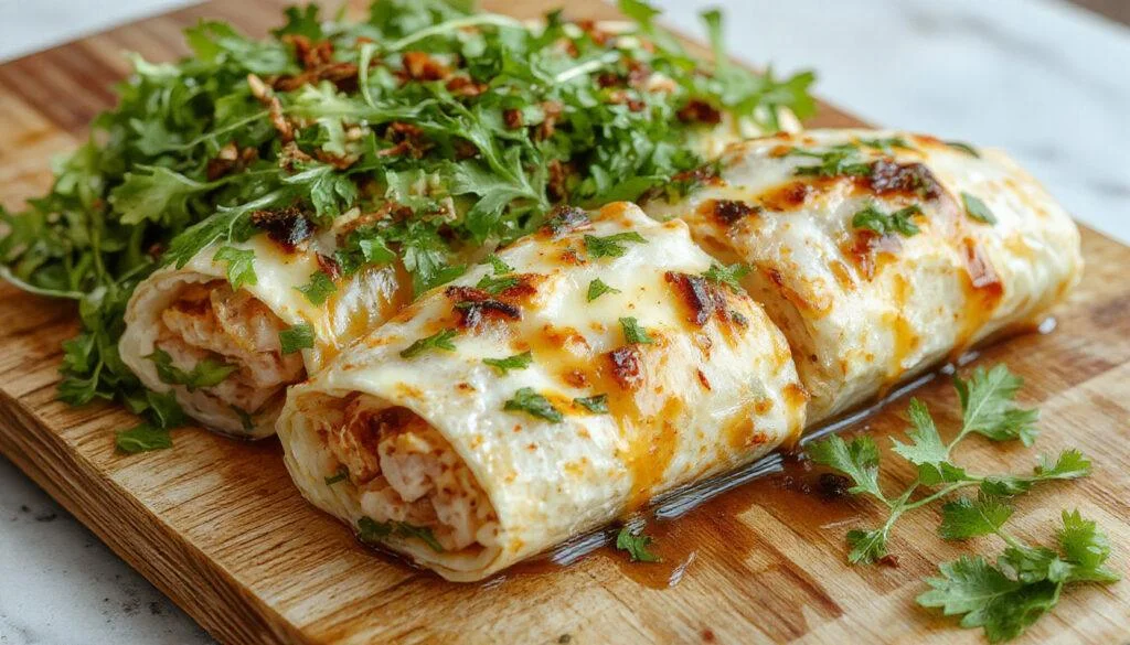 Ein Teller mit goldbraunen, saftigen Hähnchen-Wraps, gefüllt mit geschmolzenem Käse, Knoblauch und frischem Salat, schön angerichtet auf einem rustikalen Holztisch.