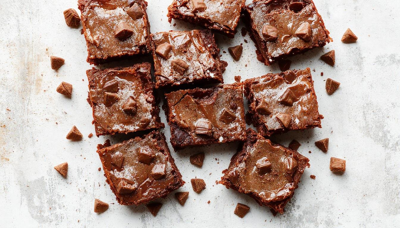 Ein Stück saftiger Nutella-Brownie auf einem hellen Holzteller, verführerisch glänzend mit einer cremigen Nutella-Schicht oben, umgeben von zerbröselten Nüssen und einem leichten Staubzuckerüberzug. Das Bild zeigt den Brownie in Nahaufnahme, die Textur ist weich und feucht, mit einer glänzenden Oberflächte und einem zarten Schimmer des Nutella-Glanzes. Der Hintergrund ist unscharf, hebt aber das intensive Schokoladenbraun und die cremige Nutella-Füllung hervor.