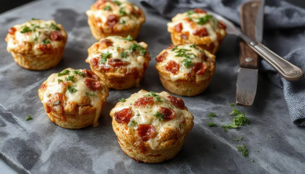 Goldbraune Pizza-Muffins mit geschmolzenem Käse, Tomatensauce und frischen Kräutern auf einem weißen Teller, dekorativ angerichtet mit knusprigem Rand