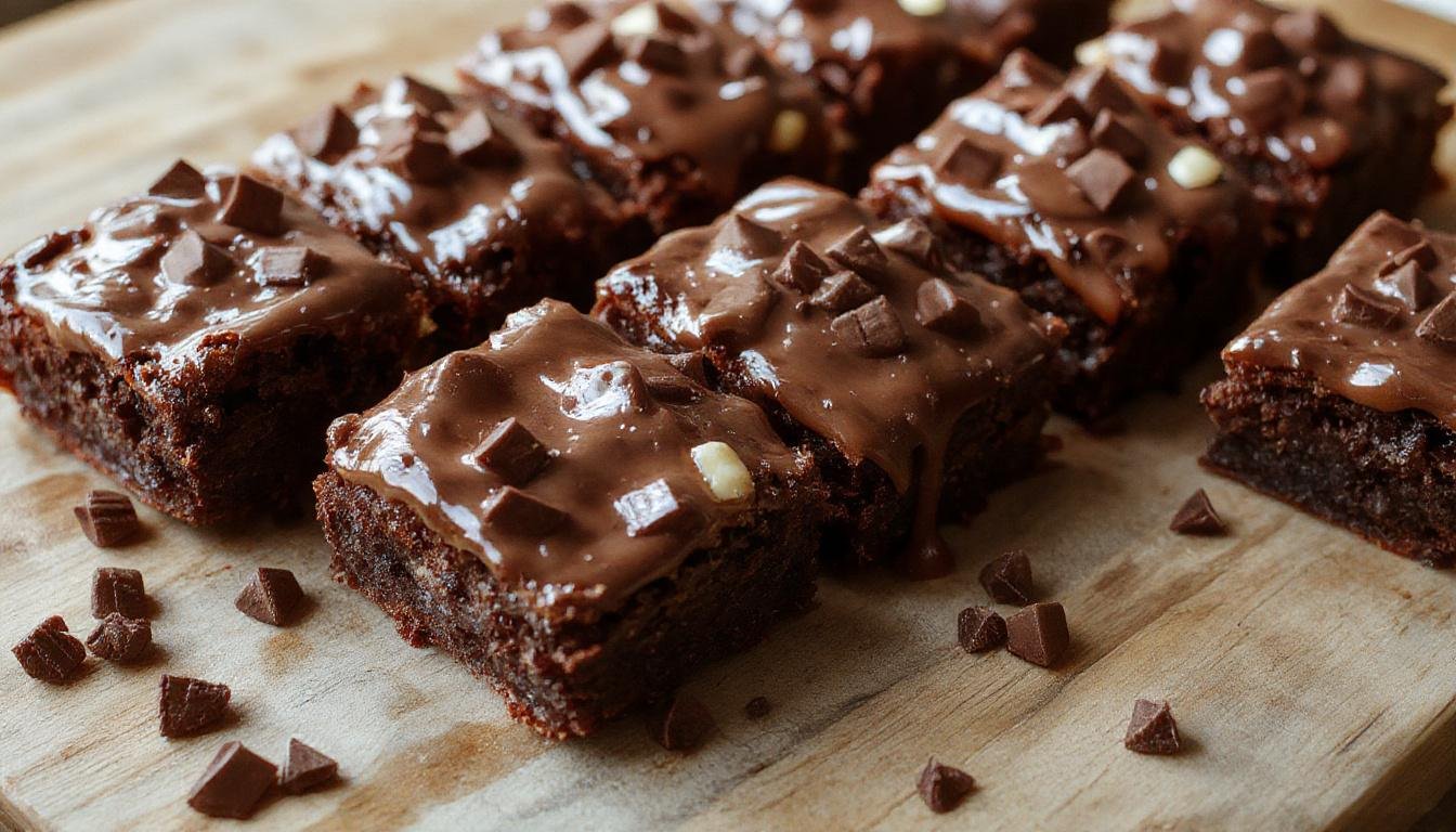 Ein verführerischer brauner Brownie mit einer glänzenden, dunklen Schokoladenglasur und frischen, roten Erdbeeren obenauf, sorgfältig angerichtet auf einem eleganten weißen Teller. Das Gebäck wirkt saftig und weich, mit einer cremigen Schokoladengeschichte, die die Erdbeeren umgibt.