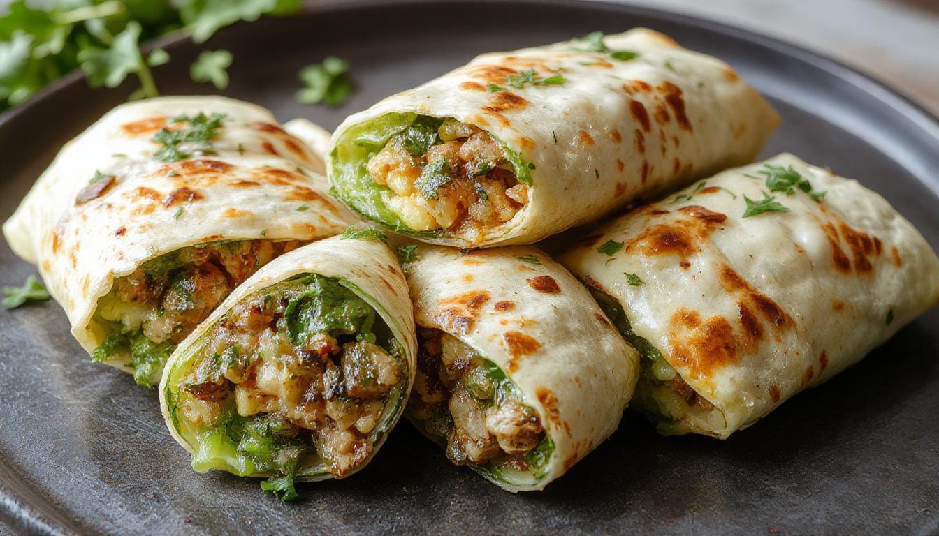 Frisch zubereitete saftige Zucchini-Wraps, auf einem weißen Teller angerichtet, mit grüner Zucchinischale, gefüllt mit buntem Gemüse und einer leichten Soße, alles schön angerichtet und appetitlich präsentiert.
