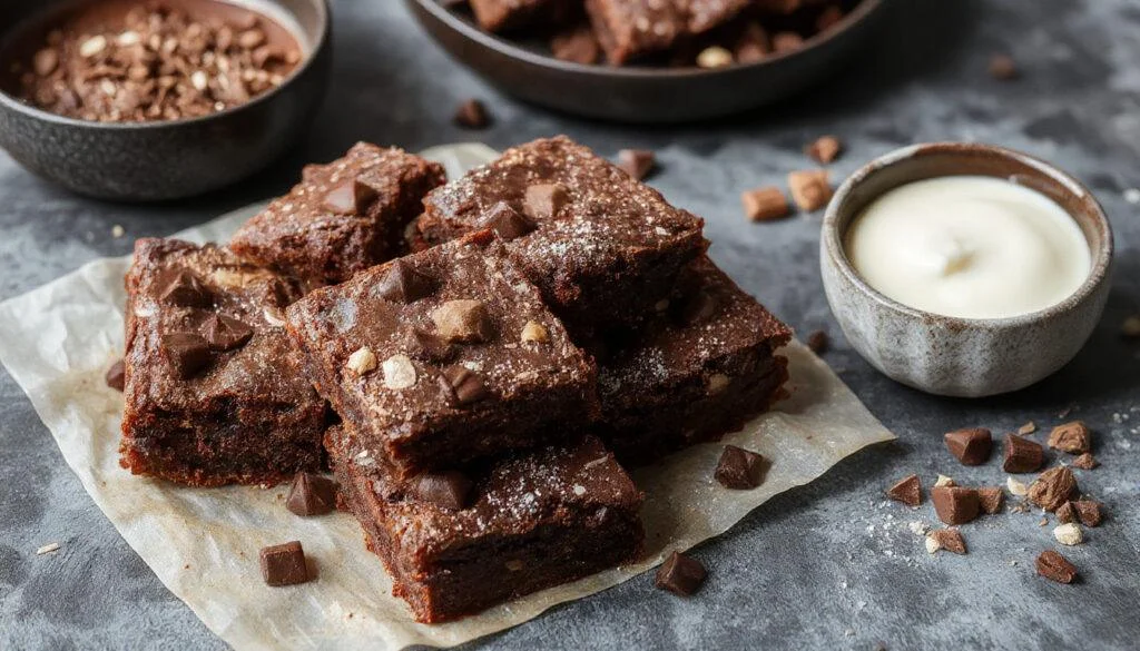 Ein Kuchenteller mit saftigen, schokoladigen Brownies, die perfekt gebacken sind und eine glänzende, schokoladige Kruste haben. Die Brownies sind in Quadrate geschnitten, mit einer weichen Textur sichtbar und von einem Spielerigen, dunklen Schokoladenüberzug umgeben. Der Hintergrund ist hell und minimalistisch, um die köstliche Süßigkeit hervorzuheben.