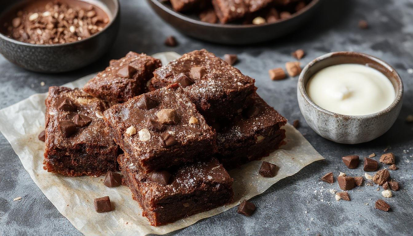 Ein Kuchenteller mit saftigen, schokoladigen Brownies, die perfekt gebacken sind und eine glänzende, schokoladige Kruste haben. Die Brownies sind in Quadrate geschnitten, mit einer weichen Textur sichtbar und von einem Spielerigen, dunklen Schokoladenüberzug umgeben. Der Hintergrund ist hell und minimalistisch, um die köstliche Süßigkeit hervorzuheben.