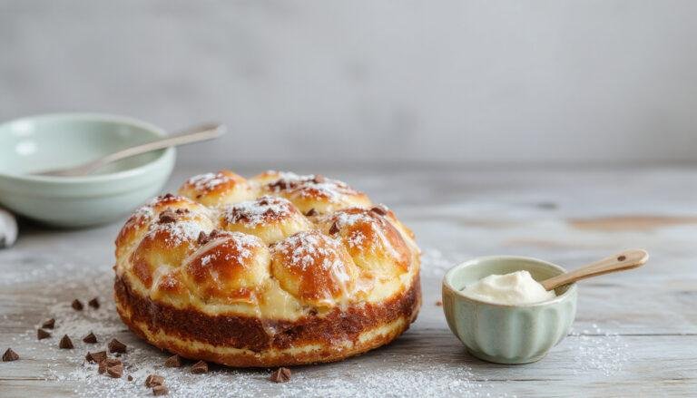 Ein frisch gebackener Ameisenkuchen auf einem Holztablett, mit bunten Streuseln bedeckt. Der Kuchen hat eine goldbraune Kruste und ist mit bunten Streuseln garniert, die farbenfroh und knusprig aussehen. Im Hintergrund sind weitere Kuchenstücke und eine Tasse Kaffee sichtbar, die das Bild warm und einladend wirken lassen.