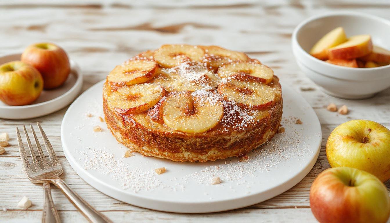 Frischer, goldbrauner Apfelkuchen mit knuspriger Streuseldecke, saftigen Apfelscheiben im Inneren, auf einem weißen Teller, mit Zimt bestäubt, vor einem hellen Holzhintergrund.