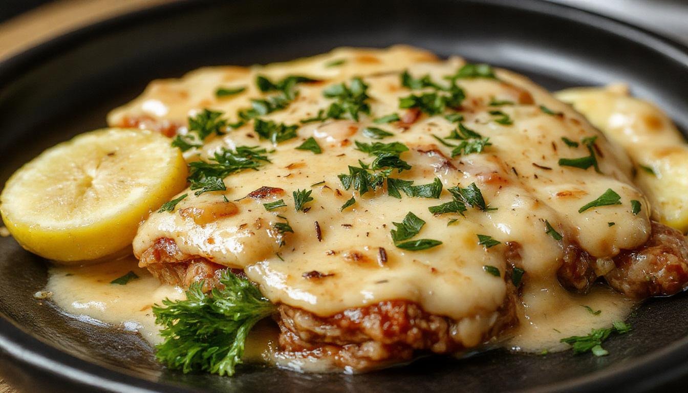 Ein ofenwarmer Hackfleisch-Nudelauflauf auf einem weißen Teller, goldbraun gebacken mit knuspriger Käsekruste, Teilweise angehoben, um die saftige Struktur im Inneren zu zeigen
