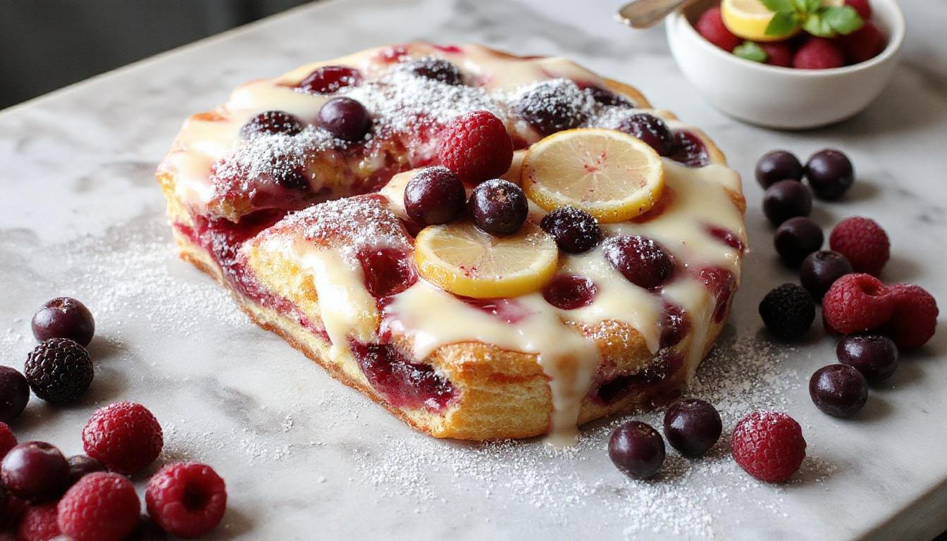 Ein saftiger Joghurtkuchen mit frischen Blaubeeren, garniert mit Zitronenzesten, auf einem weißen Teller präsentiert, mit einer Zitronenscheibe am Rand, der Kuchen ist goldgelb und locker in der Textur, mit saftigen Blaufbären auf der Oberfläche, umgeben von einem Hauch Puderzucker.