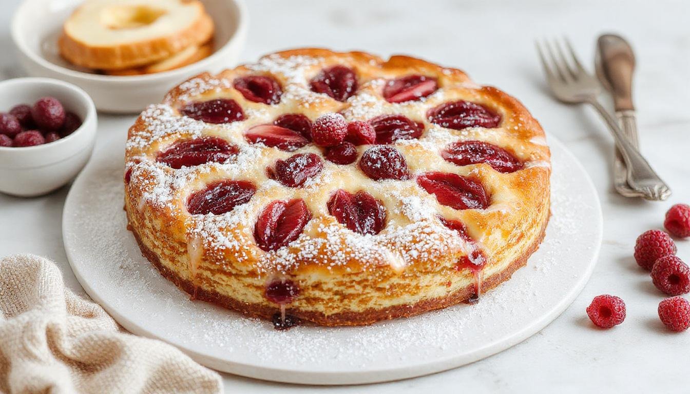 Ein frisch gebackener Kirsch-Käsekuchen mit goldbraunen Streuseln auf der Oberseite, die auffällig in der Mitte leicht aufbrechen, um die saftigen Kirschen im Inneren zu zeigen. Der Kuchen ist auf einem Tortenboden platziert, mit einem zarten, knusprigen Mantel und einer saftigen, cremigen Füllung, die von der Seite sichtbar ist.