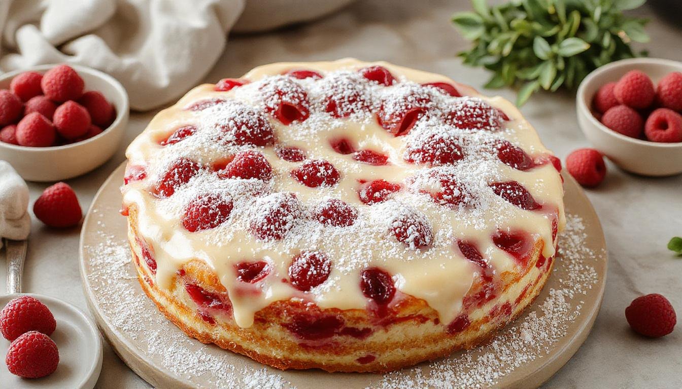 Ein frisch gebackener Kirschkuchen vom Blech, goldbraun mit einer Schicht saftiger, leuchtend roter Kirschen oben, dekorativ mit Puderzucker bestÀubt, auf einem klassischen Backblech prÀsentiert