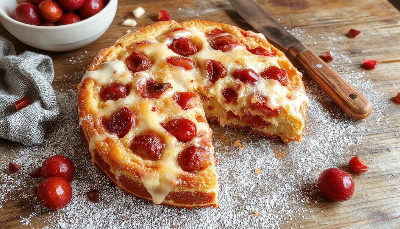 Ein saftiger Marmorkuchen mit Kirschen, hübsch präsentiert auf einem weißen Kuchenständer. Der Kuchen ist halb schokoladig, halb hell, mit saftigen Kirschen, die an der Oberfläche sichtbar sind. Die Oberfläche ist goldbraun und leicht glänzend, mit einem zarten Zuckerguss. Im Hintergrund sind frische Kirschen und grüne Blätter zu sehen, die den fruchtigen Eindruck des Kuchens betonen.