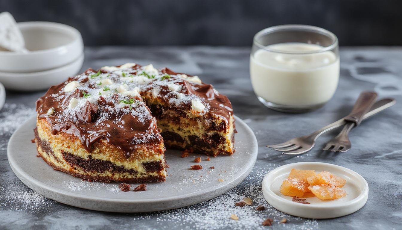 Ein saftiger Schokoladen-Karottenkuchen mit Frischkäse-Frosting, beeindruckend angerichtet auf einem weißen Teller. Der Kuchen ist reichhaltig, mit einer dunklen, schokoladigen Oberfläche, die mit geraspelten Karotten und zartem Frischkäse-Frosting verziert ist. Das Frosting ist leicht glänzend, mit feinen Mustern und kleinen Karottenscheiben als Dekoration. Im Hintergrund sind frische Karotten und Kakaobohnen zu sehen, was den natürlichen, hausgemachten Charakter unterstreicht.