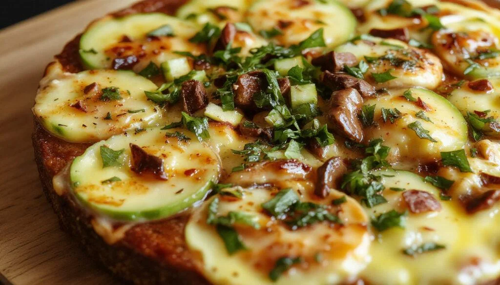 Ein saftiger Schoko-Zucchini-Kuchen auf einem eleganten Dessertteller, garniert mit Schokoladensplittern und einem Minzblatt, die Oberfläche ist glänzend und feucht, während die Zucchini sichtbar im Kuchen eingebacken sind.