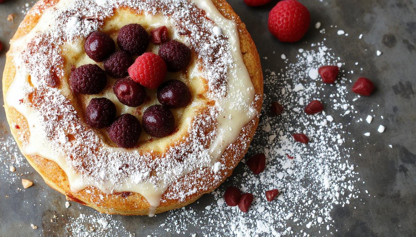 Ein frisch gebackener Saftiger Zwetschgen-Streuselkuchen auf einem weißen Teller, mit goldbrauner Streuselkruste, saftigen Zwetschgenstücken und einer spritzigen Kirsche auf der Oberfläche, dekoriert mit Puderzucker.