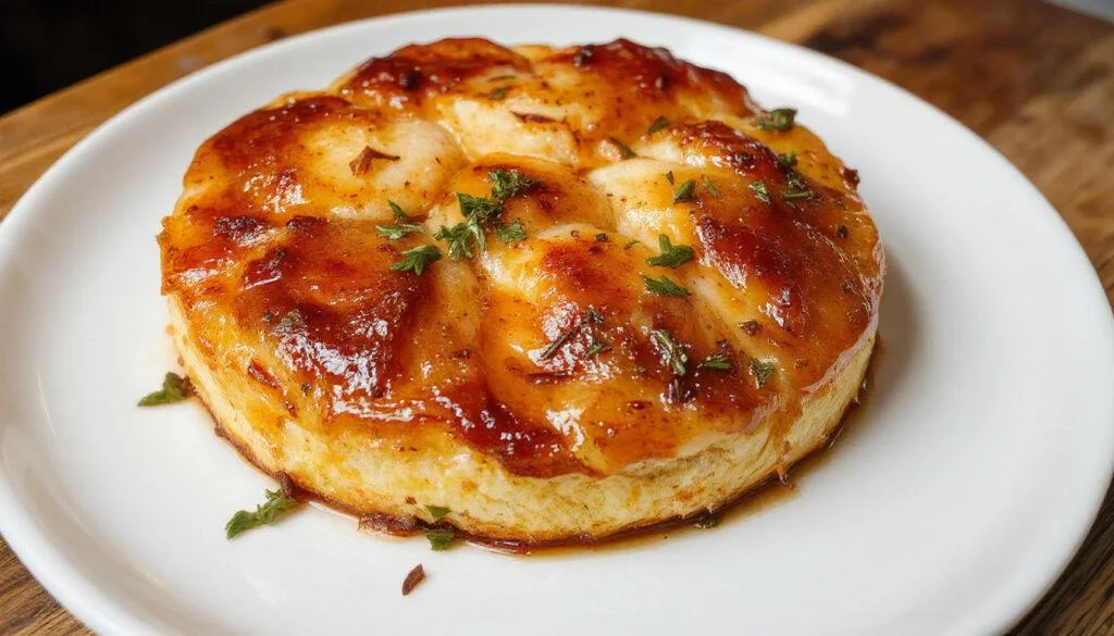 Ein frisch gebackener Zwetschgendatschi auf einem rustikalen Holzbrett, mit goldbraunem Teigboden, saftigen violetten Zwetschgen, bestreut mit Puderzucker, sichtbar an der Oberfläche, am Rand leicht knusprig, präsentiert in einer halb offenen Kuchenform.