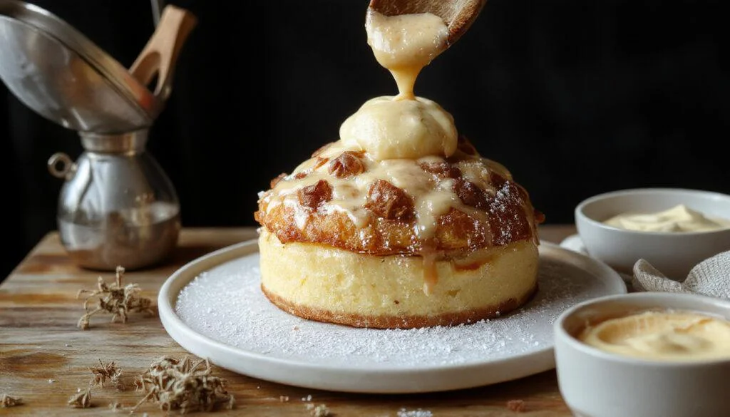 Ein ansprechend angerichteter Zwetschgenkuchen mit goldbrauner Kruste, saftigen Zwetschgen obenauf, umgeben von Puddingcreme und Puderzucker, in einer eleganten Pieform auf einem Holztablett