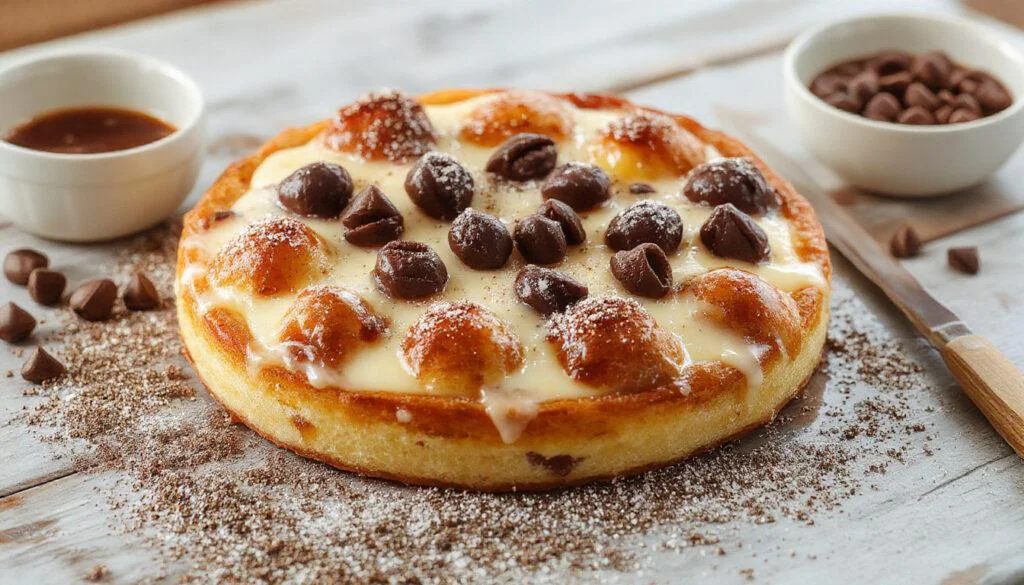 Ein frisch gebackener Zwetschgenkuchen auf einem rustikalen Holzteller, mit saftigen, tiefvioletten Zwetschgen belegt und einer cremigen Quarkfüllung, garniert mit Puderzucker und Minzblättern. Die Oberfläche des Kuchens ist goldbraun und leicht glänzend, während die Zwetschgen saftig und glänzend im Licht schimmern.