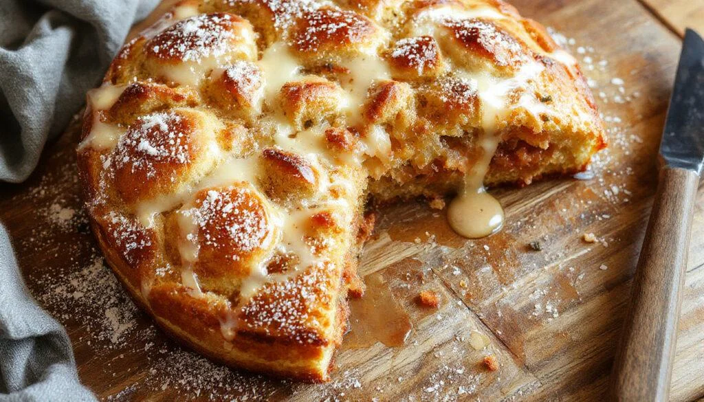 Ein goldbrauner Zwetschgenkuchen mit einem mächtigen Streuselbelag, frisch aus dem Ofen, auf einem weißen Porzellanteller serviert. Die saftigen Pflaumen sind sichtbar zwischen den knusprigen Streuseln, die leicht zerbröckeln. Das Bild zeigt den Kuchen in Nahaufnahme, mit einem rustikalen Hintergrund und natürlichem Licht, das die Texturen und die Frische des Gebäcks hervorhebt.