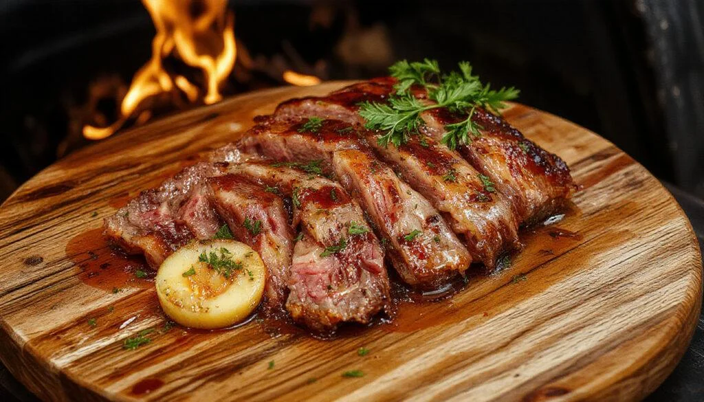 Ein ofengeröstetes Räuberfleisch auf einem rustikalen Holzteller, zart und saftig, mit einer goldbraunen Kruste, garniert mit Kräutern und frischen Beilagen.