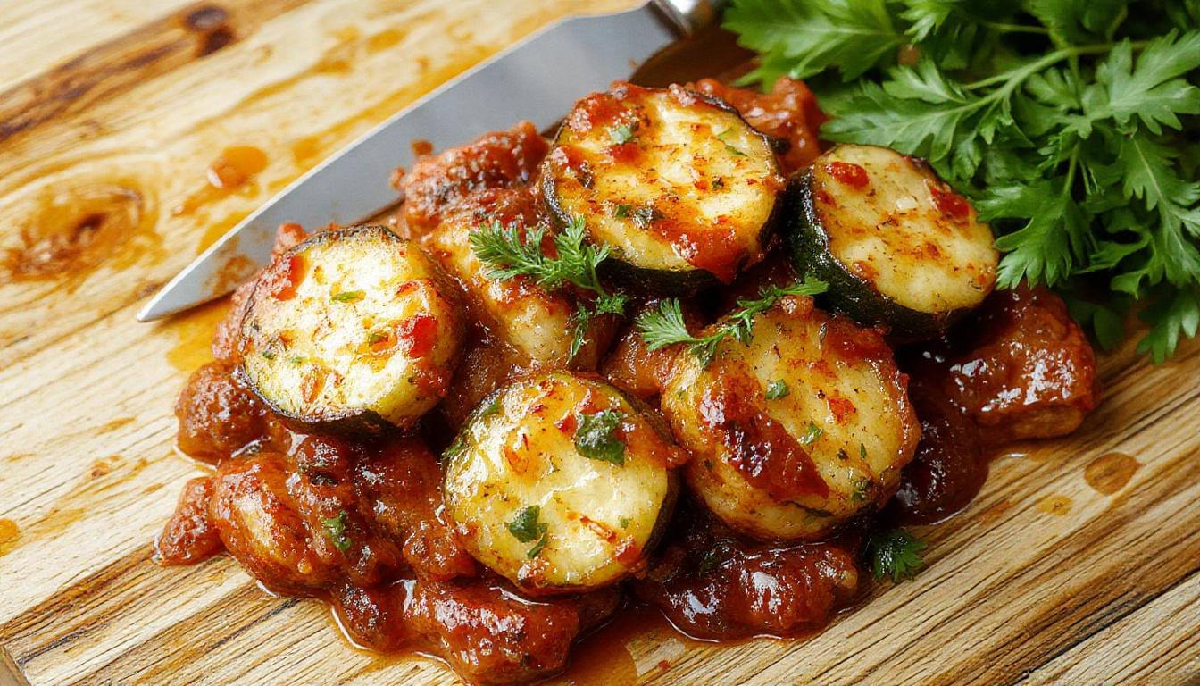 Das saftige Paprika-Zucchini-Hähnchen ist auf einem weißen Teller angerichtet, mit großzügigen Stücken von goldbraun gebratenem Hähnchen, umgeben von buntem, glasigem Paprika und Zucchinistreifen, die mit einer cremigen Soße überzogen sind. Das Gericht wird von frischen Kräutern garniert und strahlt eine einladende Wärme aus.