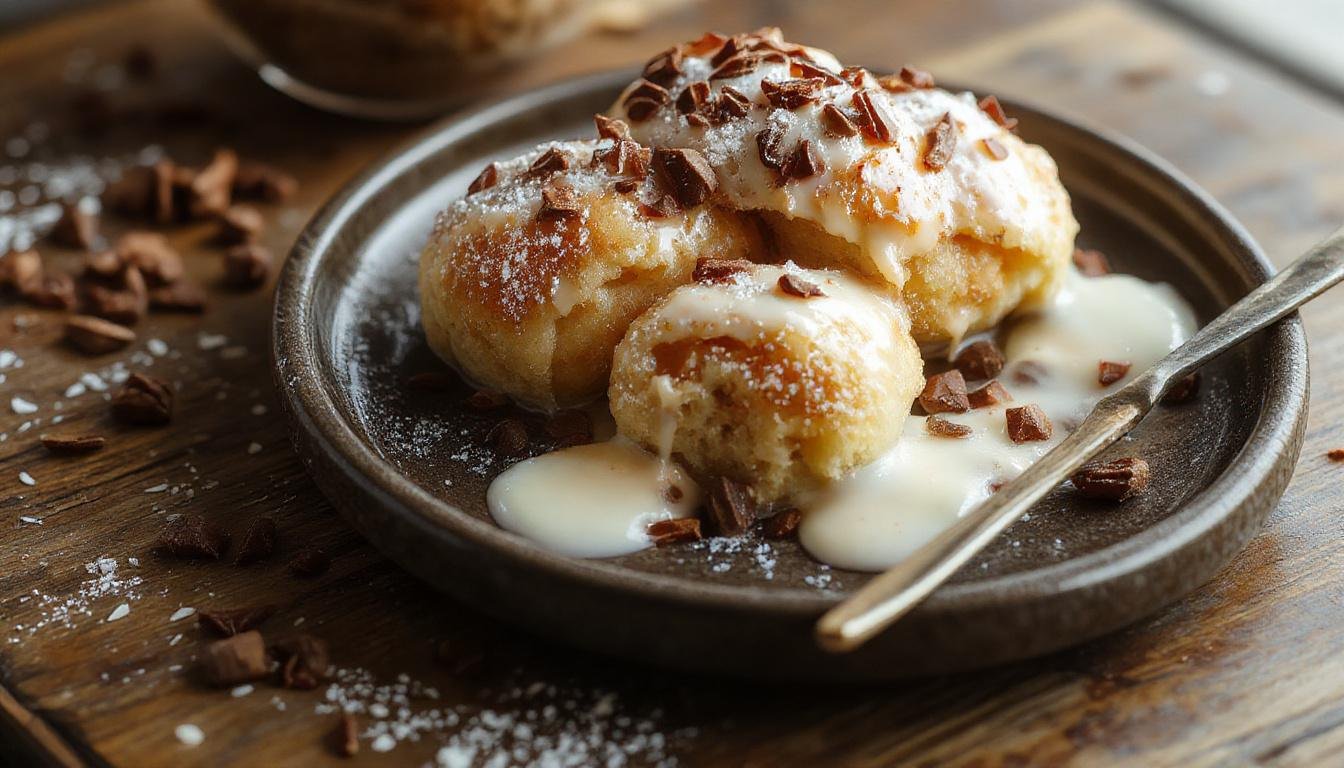 Ein Teller mit goldbraunen Haferflocken-Joghurt-Fladen, auf einem rustikalen Holztisch angerichtet, mit frischen Kräutern garniert, knusprig außen und saftig innen.