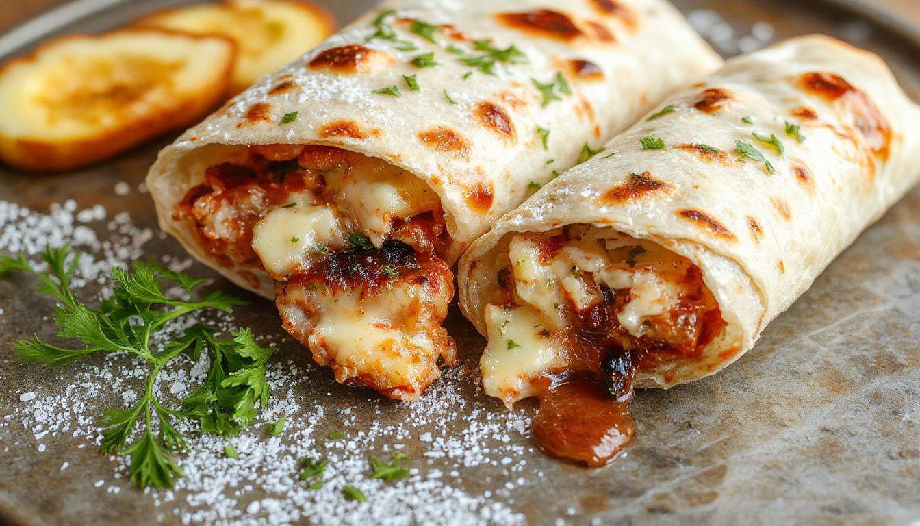 Ein Teller mit knusprigen Käse-Knoblauch-Hähnchen-Wraps, aufgeschnitten, um den geschmolzenen Käse und das saftige Hähnchen im Inneren zu zeigen, mit frischer Petersilie garniert, serviert auf einem rustikalen Holztisch.