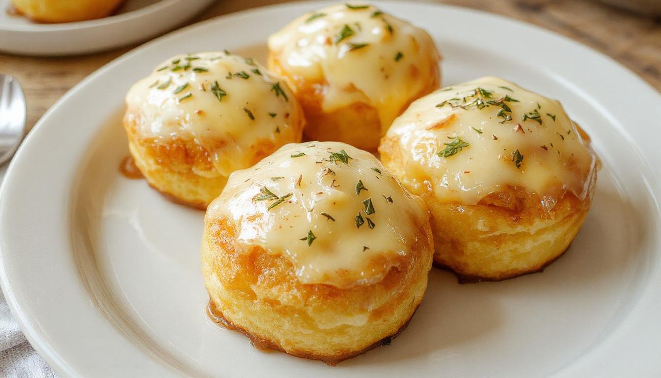 Hochglänzende Käsekuchen-Kugeln in einer weißen Schüssel, umgeben von frischen Beeren und Minzblättern, mit einer zarten Zitronenschale als Dekoration, glänzend und verlockend