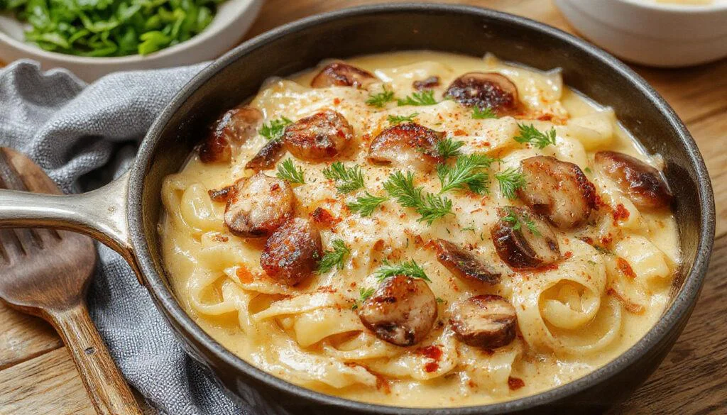 Eine bunte Nudelpfanne mit goldbraunen Pasta, frischen grünen und weißen Champignons, garniert mit grünen Kräutern, serviert auf einem weißen Teller, ansprechend angerichtet