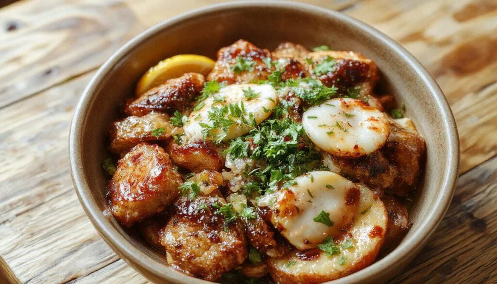 Ein bunter Pomm-Döner-Bowl in einer weißen Schüssel, gefüllt mit knusprigen Pommes, saftigem Dönerfleisch, frischem Salat, Tomaten und leckerer Joghurtsoße, alles kunstvoll angerichtet.