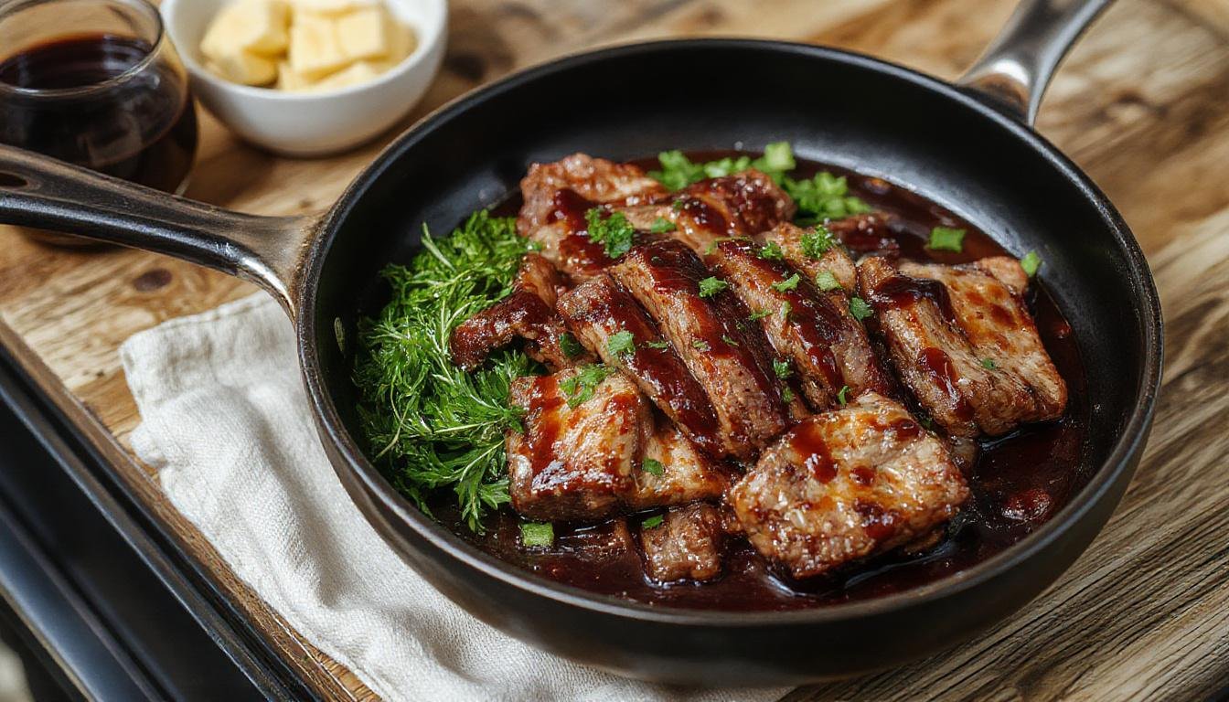 Eine bunte Pfanne mit braunem Hackfleisch, grünen Brokkoliröschen, roten Paprikastücken und einer glänzenden Teriyakisauce, serviert in einer modernen weißen Schüssel mit einem Holzlöffel an der Seite.