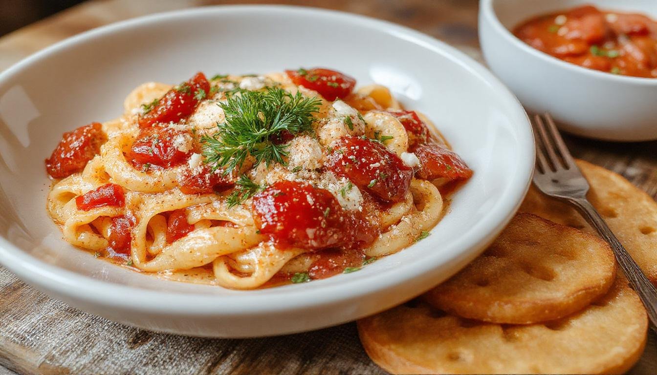 Bunte Pasta mit einer cremigen Tomatensauce, garniert mit frischen Basilikumblättern, serviert in einer weißen Schüssel auf einem Holzbrett, glänzend und einladend