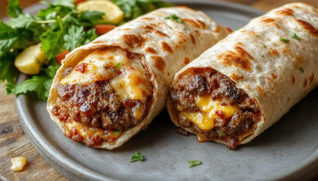 Frischer Cheeseburger-Wrap, gefüllt mit saftigem Hackfleisch, geschmolzenem Käse, Salat und Tomaten, präsentiert auf einem weißen Teller in natürlichem Licht, mit knusprigem Wrap und bunten Zutaten im Fokus.
