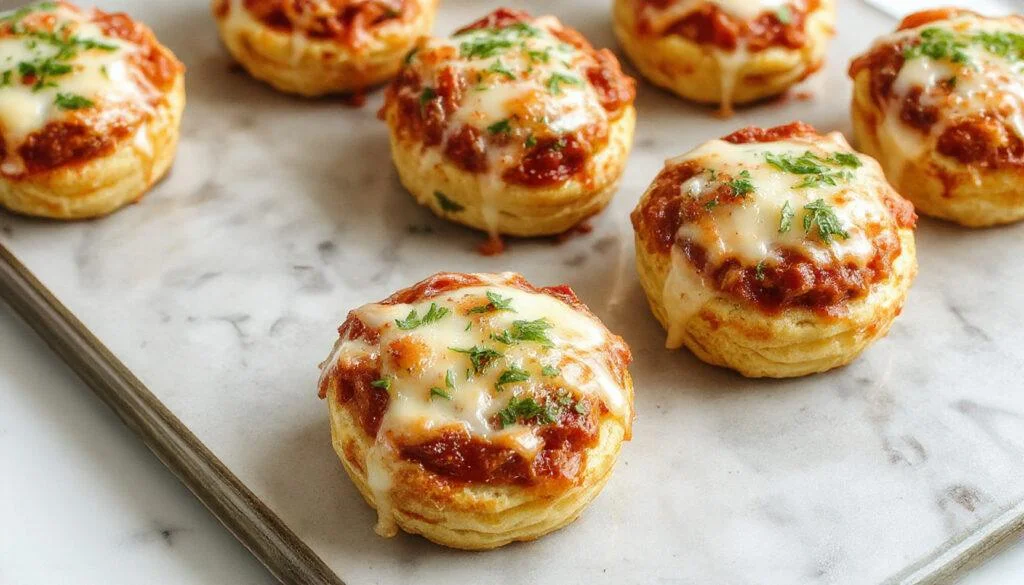 Bunte Pizza-Muffins in einer runden Backform, goldenbraun mit geschmolzenem Käse, Paprika, Oliven und Salami, appetitlich serviert und leicht glänzend