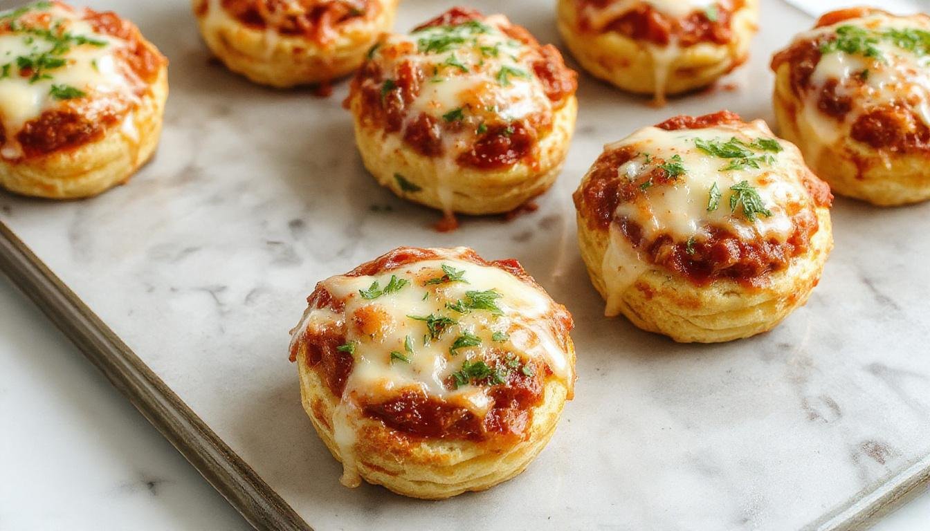 Bunte Pizza-Muffins in einer runden Backform, goldenbraun mit geschmolzenem KÀse, Paprika, Oliven und Salami, appetitlich serviert und leicht glÀnzend
