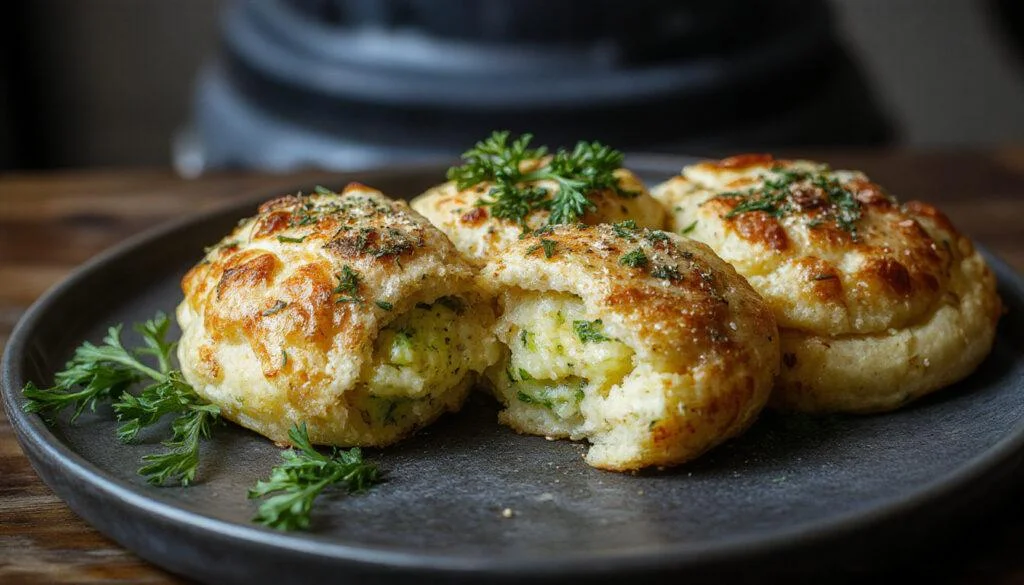 Goldbraune, knusprige Zucchini-Puffer auf einem weißen Teller, garnitiert mit frischen Kräutern, leicht angerichtet mit einer cremigen Dip-Sauce am Rand