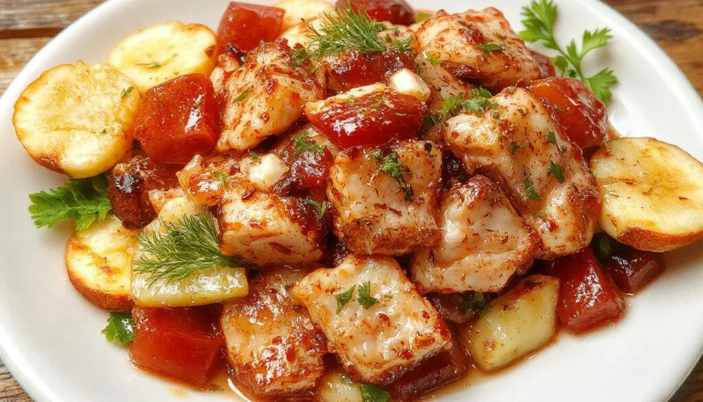 Ein frischer BBQ-Hähnchen-Salat auf einem weißen Teller. Zarte, gegrillte Hähnchenstücke, gemischt mit bunten Salatblättern, saftigen Tomaten, Mais und roten Zwiebeln. Das Gericht ist schön angerichtet mit einem leichten Dressing und einem Spritzer Zitronensaft, akzentuiert mit frischen Kräutern. Der Hintergrund ist unscharf, betont die lebendigen Farben und die appetitliche Textur des Salats.