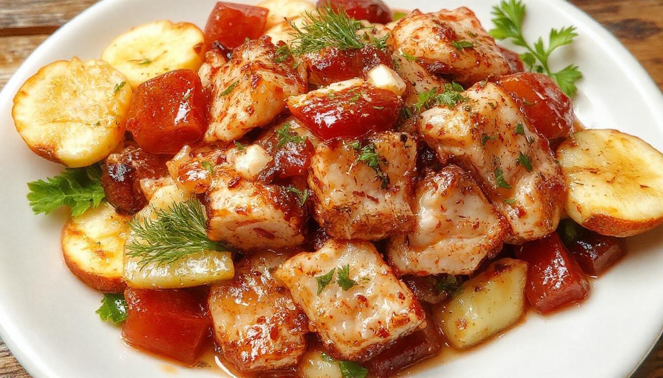 Ein frischer BBQ-Hähnchen-Salat auf einem weißen Teller. Zarte, gegrillte Hähnchenstücke, gemischt mit bunten Salatblättern, saftigen Tomaten, Mais und roten Zwiebeln. Das Gericht ist schön angerichtet mit einem leichten Dressing und einem Spritzer Zitronensaft, akzentuiert mit frischen Kräutern. Der Hintergrund ist unscharf, betont die lebendigen Farben und die appetitliche Textur des Salats.