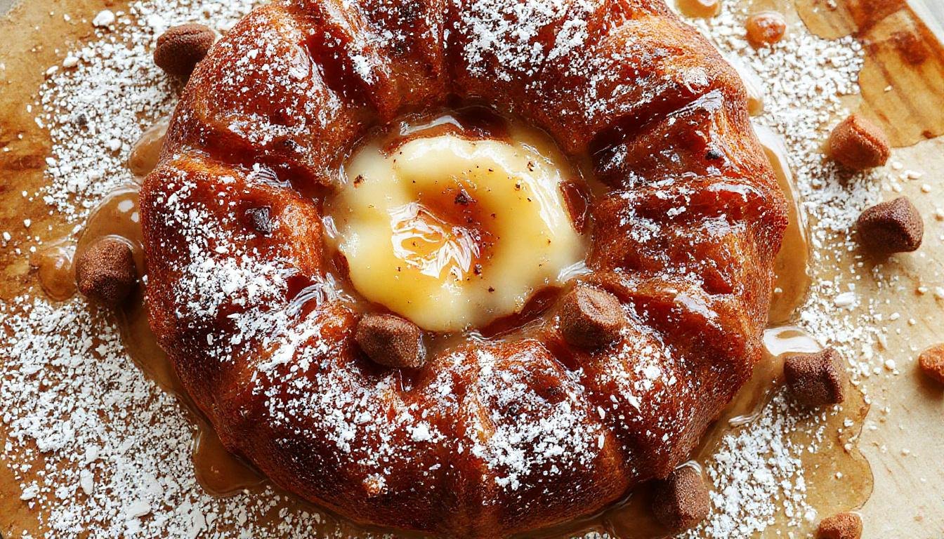 Ein großes Blech mit frisch gebackenem Bienenstich, goldbraun mit karamellisierter Mandelkruste, dekorativ glasiert und in gleichmäßige Stücke geschnitten.
