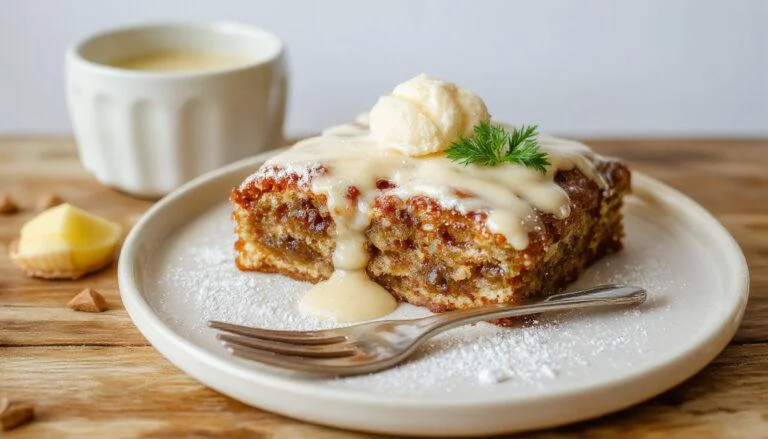 Ein frischer Erdbeer-Streuselkuchen auf einem weißen Teller, bedeckt mit saftigen roten Erdbeeren, knusprigen Streuseln und einer cremigen Vanillepudding-Schicht, serviert auf einem Holztablett mit frisch gewaschener Erdbeere im Hintergrund.