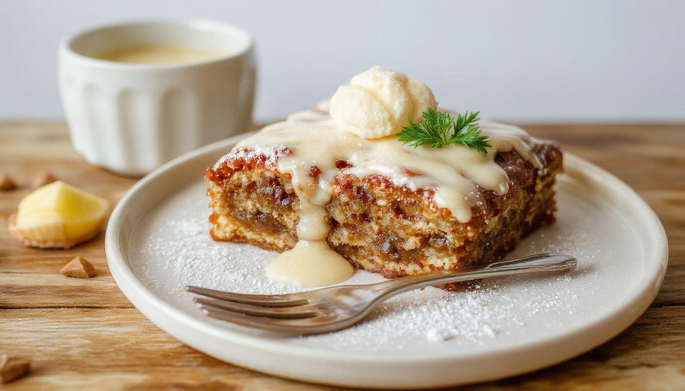Ein frischer Erdbeer-Streuselkuchen auf einem weißen Teller, bedeckt mit saftigen roten Erdbeeren, knusprigen Streuseln und einer cremigen Vanillepudding-Schicht, serviert auf einem Holztablett mit frisch gewaschener Erdbeere im Hintergrund.