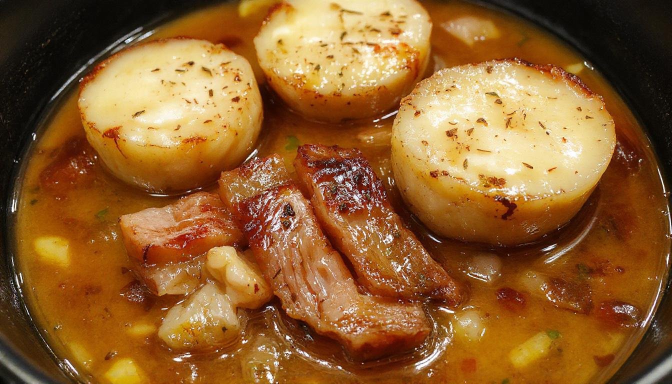 Ein goldbrauner Hähnchen-Auflauf in einer rechteckigenissime weißen Keramikform, garniert mit frischen Kräutern, mit cremiger Soße und geschmolzenem Käse, serviert auf einem Holztablett mit frischem Gemüse im Hintergrund.