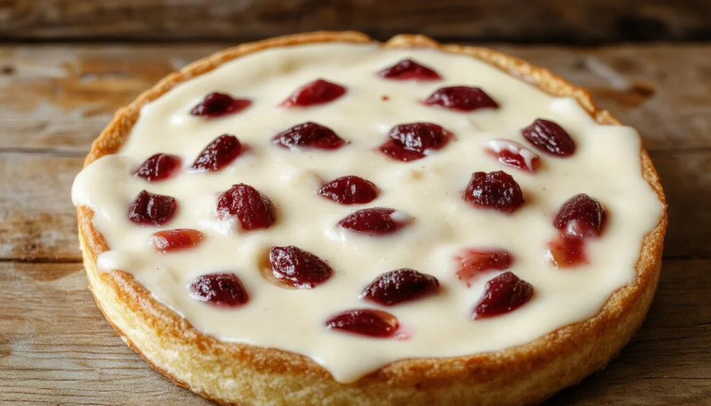 Ein goldbrauner Kirsch-Schmand-Kuchen mit einem saftigen, kakaobraunen Boden, großzügig belegt mit leuchtend roten Kirschen und einem cremigen Schmand-Topping, dekoriert mit frisch gepflückten Kirschen und Puderzucker, präsentiert auf einem weißen Teller vor hellem Hintergrund.