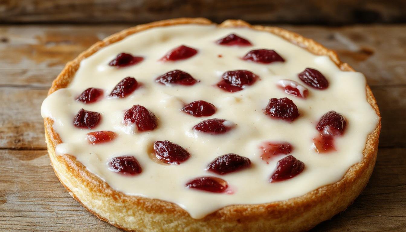 Ein goldbrauner Kirsch-Schmand-Kuchen mit einem saftigen, kakaobraunen Boden, großzügig belegt mit leuchtend roten Kirschen und einem cremigen Schmand-Topping, dekoriert mit frisch gepflückten Kirschen und Puderzucker, präsentiert auf einem weißen Teller vor hellem Hintergrund.