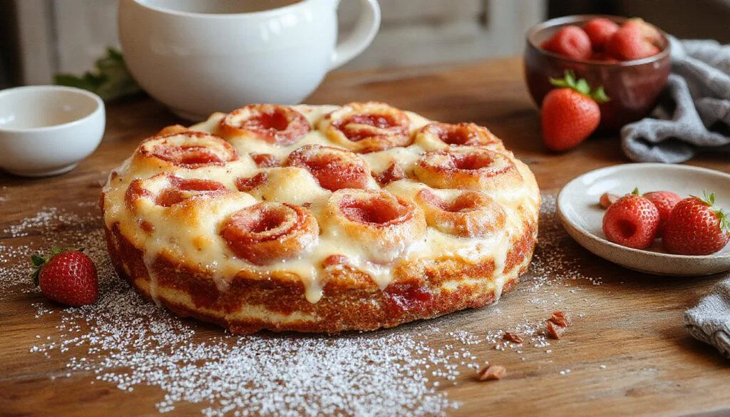 Ein großer Blechkuchen mit einem goldbraunen Streuselbelag, darauf liegen saftige, dunkle Pflaumen, die leicht im Streusel versinken. Der Kuchen ist gleichmäßig geschnitten, die Pflaumen sind sichtbar und saftig, die Streusel sind knusprig und goldgelb. Das Bild strahlt eine warme, einladende Atmosphäre aus und zeigt den Kuchen auf einem rustikalen Holztisch, umgeben von frischen Pflaumen.