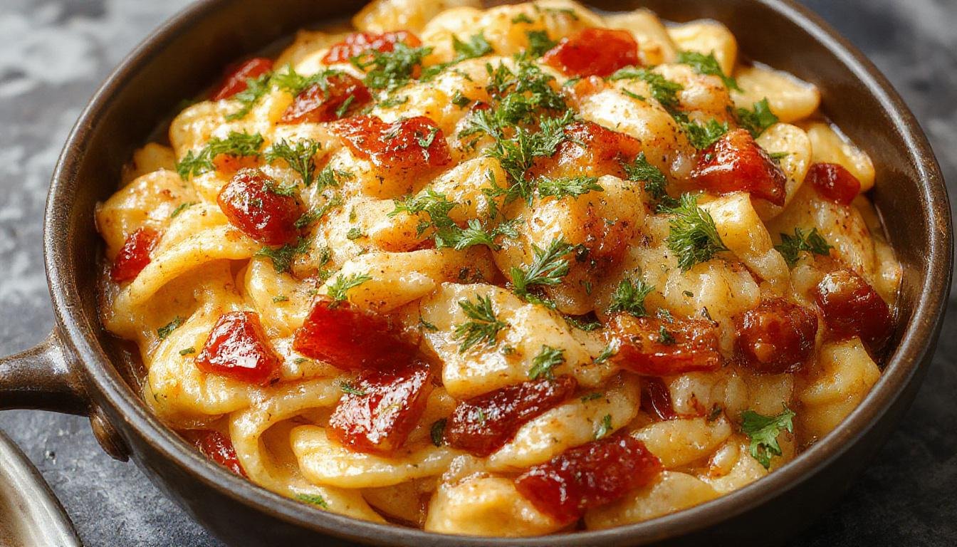 Ein cremiger Spätzleauflauf in einer weißen, rechteckigen Auflaufform, goldbraun gebacken mit knusprigen Rändern, garniert mit frischen Kräutern, und bunte Gemüsestücke sichtbar durch die cremige Sauce.