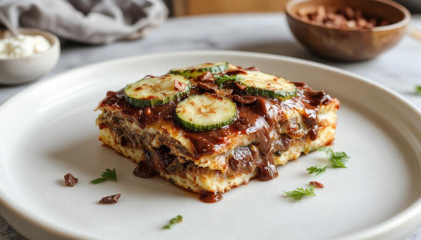 Ein saftiger Zucchini-Schoko-Kuchen auf einem weißen Teller, mit geschmolzener Schokolade und geriebenen Zucchini, dekoriert mit Minzblättern, anschaulich und appetitlich präsentiert